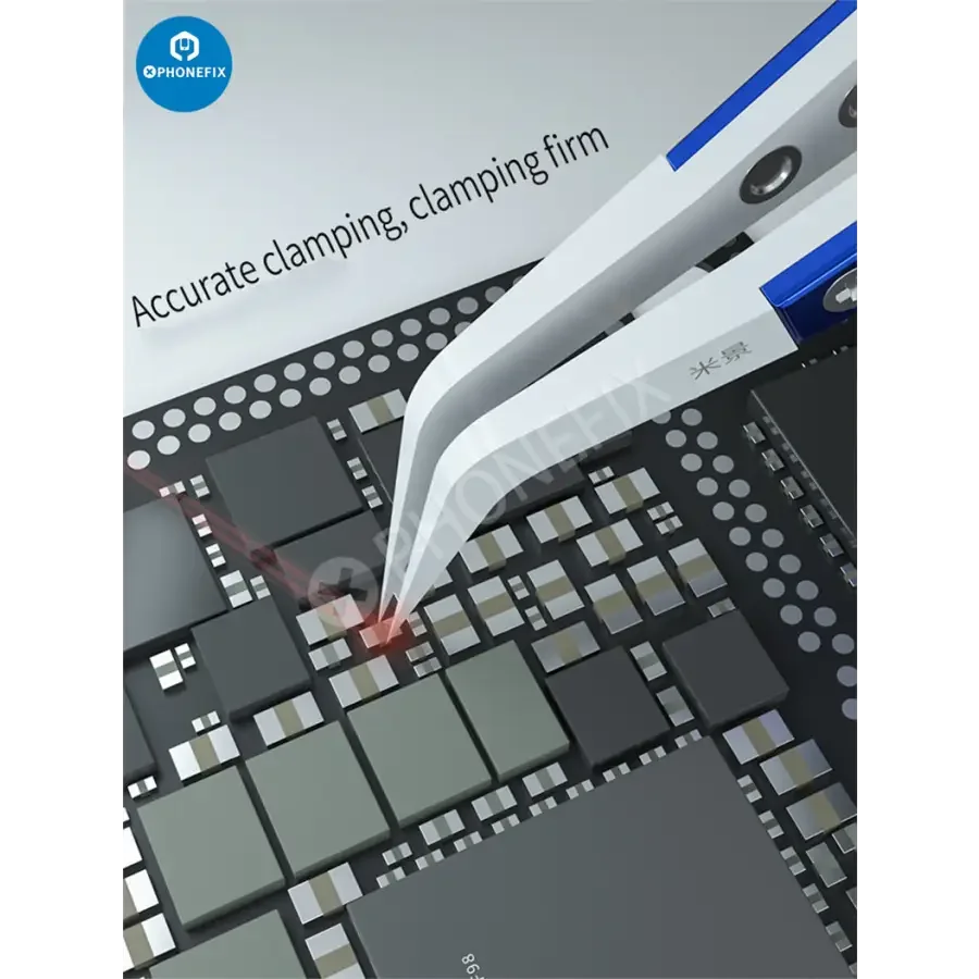 Mijing ceramic tweezers with stainless steel handle, straight and curved tips, designed for precise removal tasks.