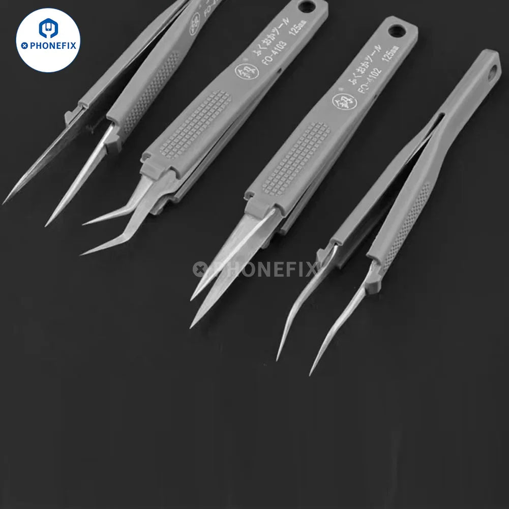 PhoneFix stainless steel precision tweezers with anti-static sheaths, designed for delicate electronic component removal.