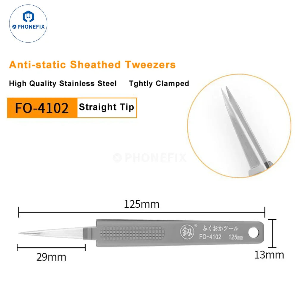 Stainless steel precision tweezers by PHONEFIX with anti-static sheathed design, ideal for electronics and delicate work.
