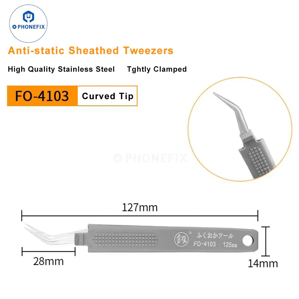 Stainless steel precision tweezers by PHONEFIX, anti-static sheathed tweezers for electronics and delicate work, with straight tips.