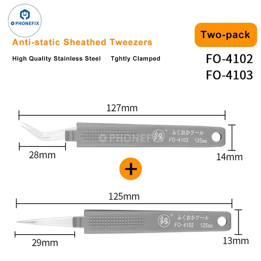 PhoneFix stainless steel precision tweezers with anti-static sheathed design, ideal for delicate removal tasks and electronic work.