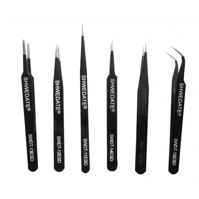 Phonefix stainless steel SWDT tweezers for iPhone repair, featuring six different types for precision component removal.