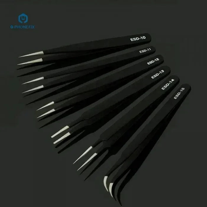 Six stainless steel SWDT tweezers from PHONEFIX, precision repair tools for iPhone and electronic device repair.
