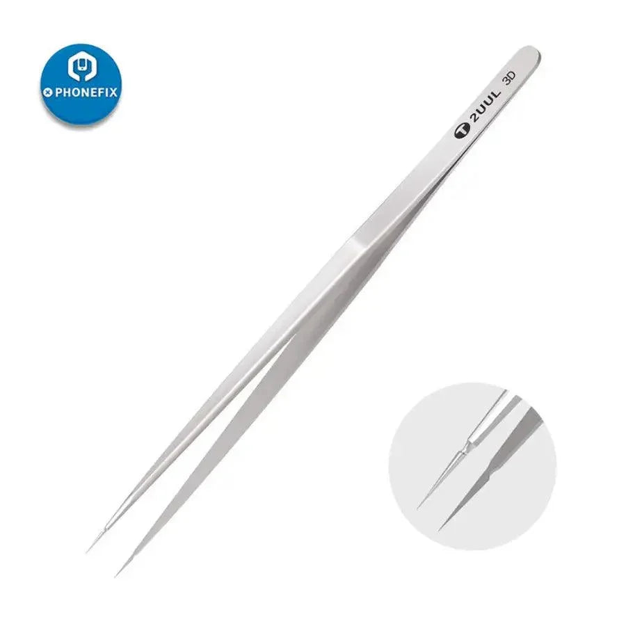 Stainless steel long 3D tweezers for phone and jewelry repair by PHONEFIX, showing precision tips and sleek metal design.