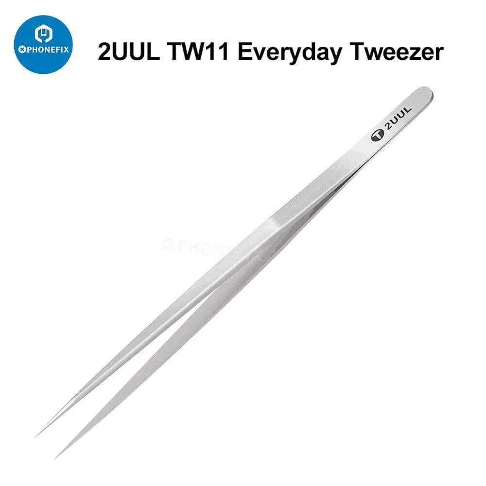 Stainless steel long 3D tweezers for phone and jewelry repair, PHONEFIX brand, with fine pointed tips for precise handling.
