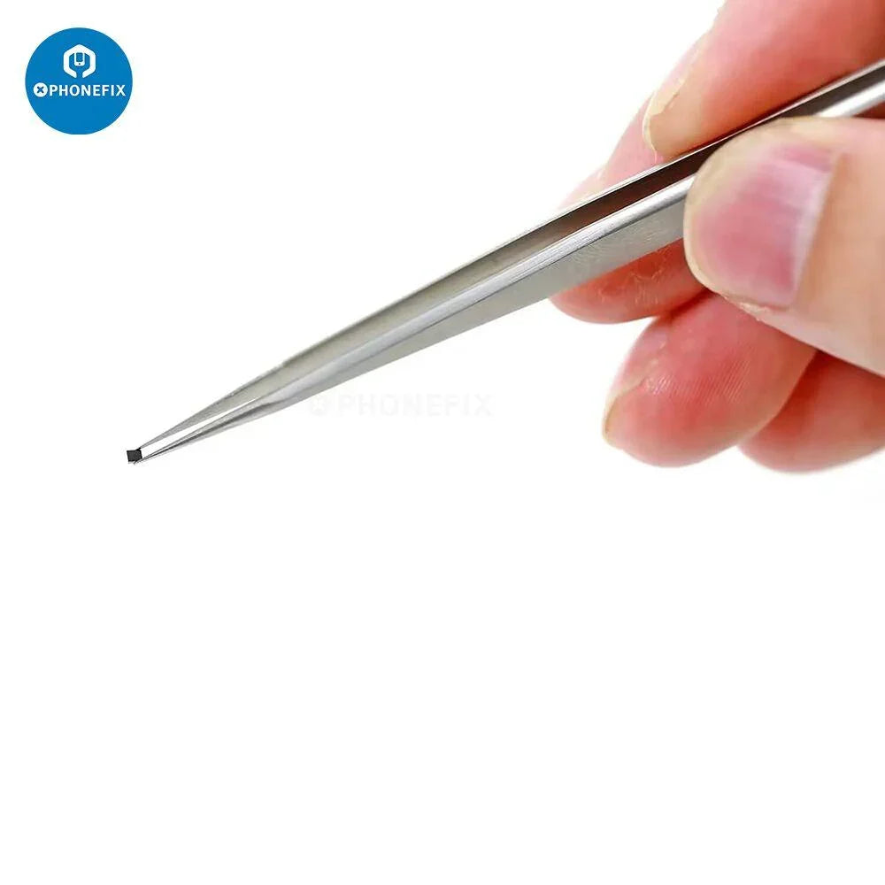 Stainless steel long 3D tweezers for phone and jewelry repair, by PHONEFIX, with fine pointed tips for precise handling.