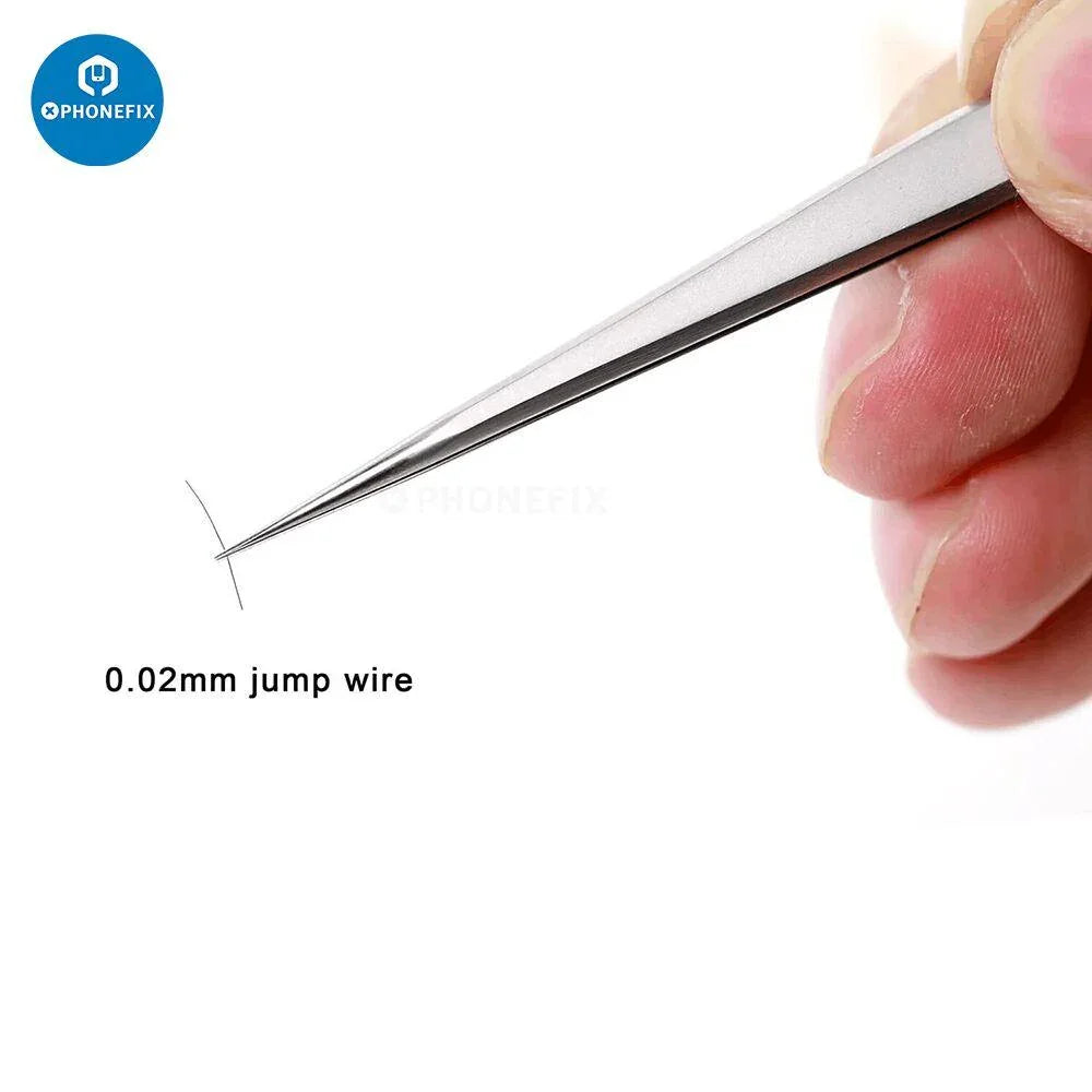 Stainless steel long 3D tweezers for phone and jewelry repair, PHONEFIX brand, with fine tips for precise handling.