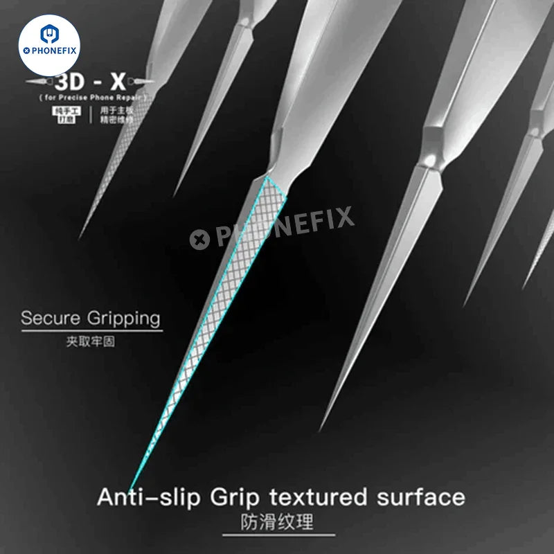 PHONEFIX 2UUL stainless steel 3D tweezers for phone and jewelry repair, featuring long, precise tips for delicate removal tasks.