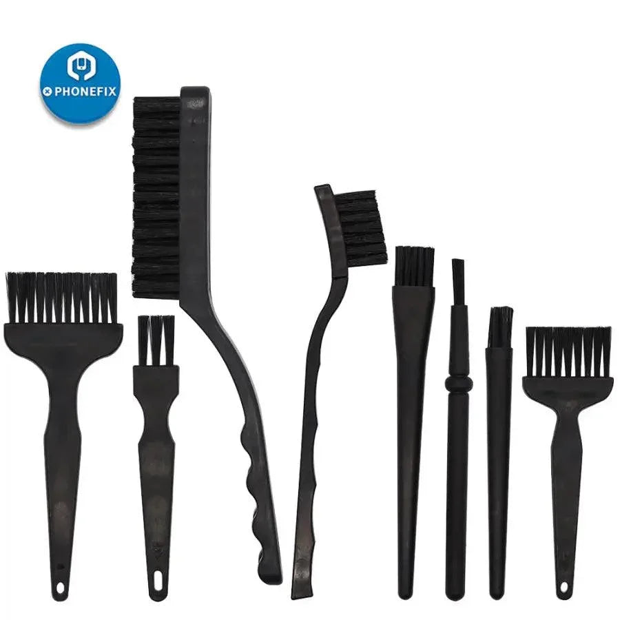 Set of 8 black anti-static ESD cleaning brushes for PCB and phone repair by PHONEFIX, universal hand tools for electronics maintenance.