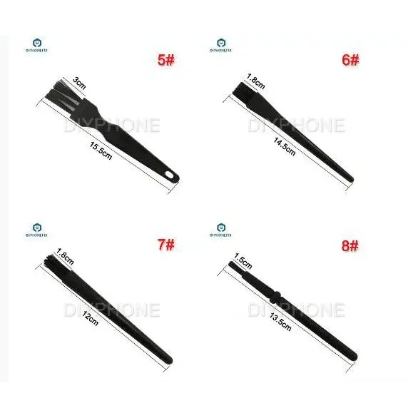 Set of 8 black anti-static ESD cleaning brushes for PCB and phone repair, universal hand tools by PHONEFIX.