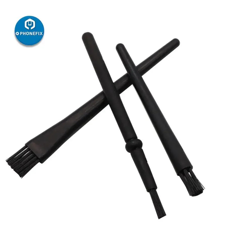 Set of 8 black anti-static ESD cleaning brushes for PCB and phone repair, ideal for BGA and electronic component cleaning by PHONEFIX.