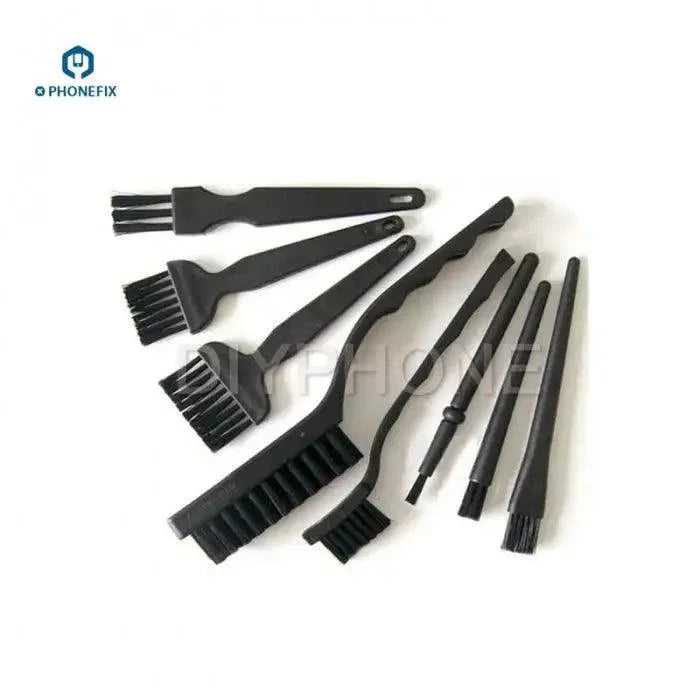 Set of 8 black anti-static ESD cleaning brushes for PCB and phone repair, universal hand tools from PHONEFIX.