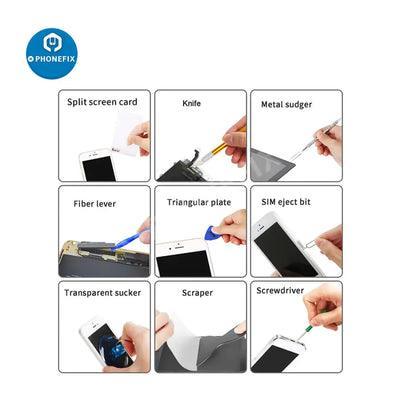 PhoneFix All-In-1 professional cleaning and opening pry set for phone repair, featuring universal hand tools for device maintenance.