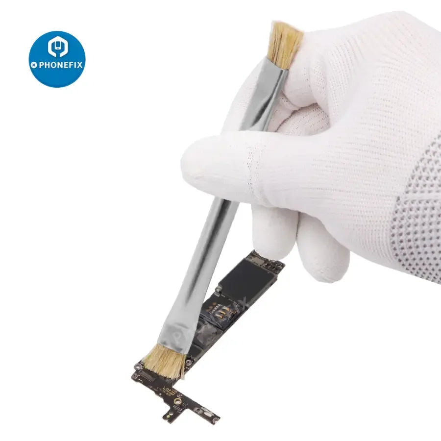 PhoneFix anti-static motherboard cleaning brush for phone PCB repair, universal hand tool for safe electronic cleaning.