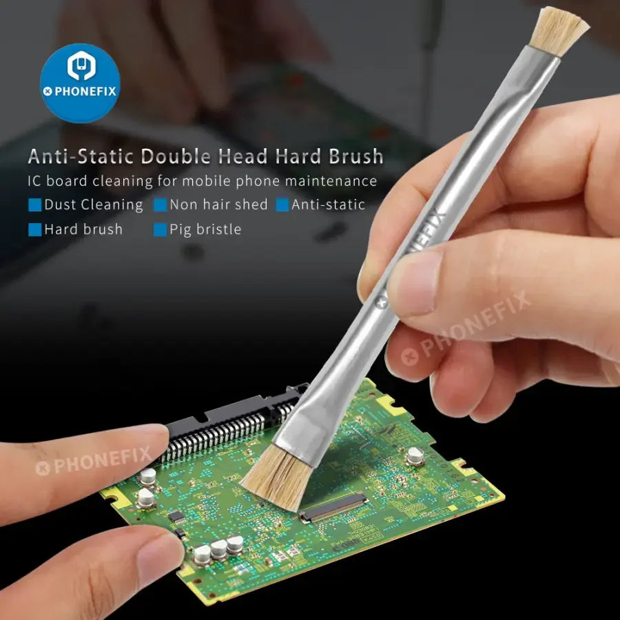PhoneFIX anti-static brush for motherboard cleaning, ideal for phone PCB repair and electronic component maintenance.