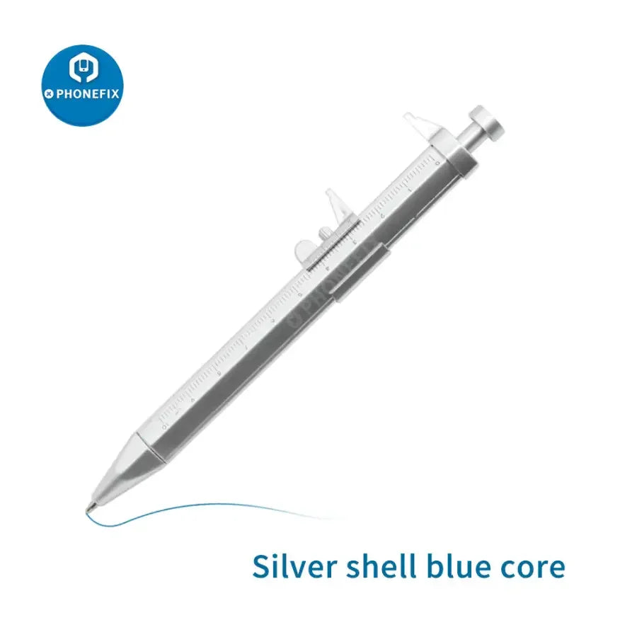 Black Vernier Caliper-themed ballpoint pen by PHONEFIX, featuring gel ink, roller ball tip, and sleek stationery design.