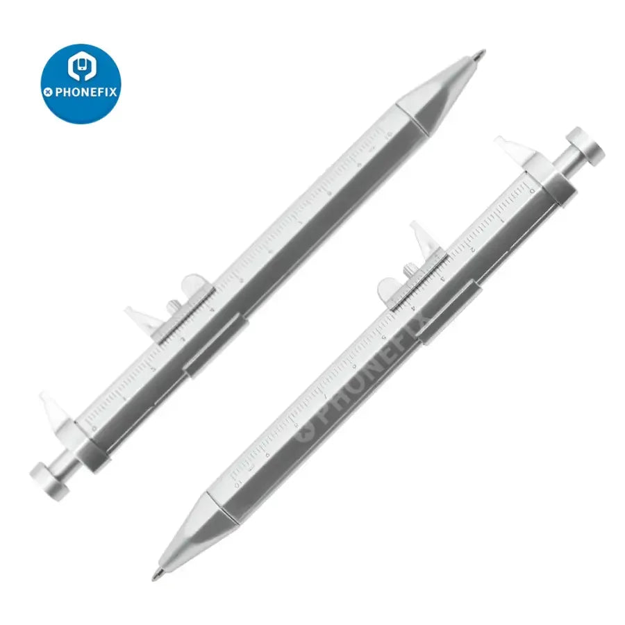 Black Vernier Caliper-inspired ballpoint pen by PHONEFIX, featuring gel ink and roller ball tip for smooth writing.