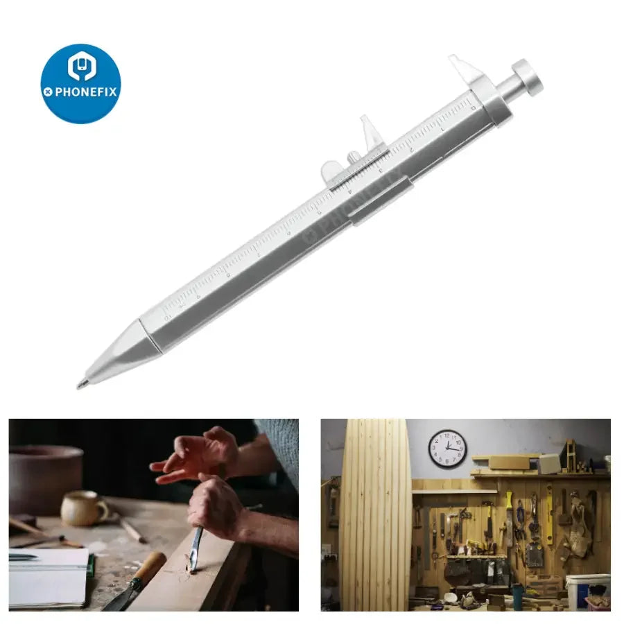 Black Vernier Caliper-shaped ballpoint pen by PHONEFIX, featuring gel ink and roller ball for smooth writing.