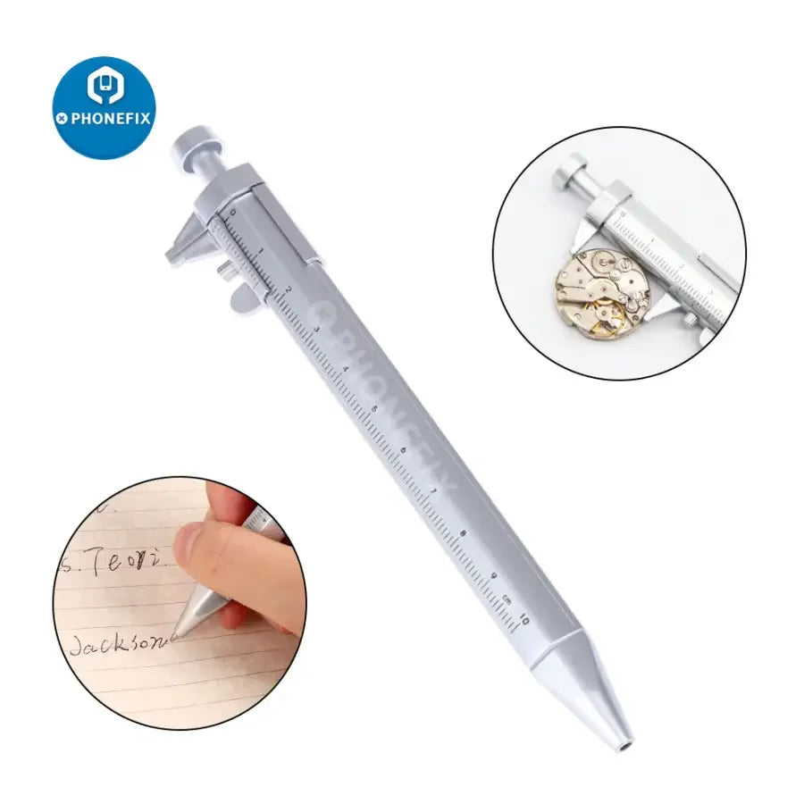 Black Vernier Caliper-themed ballpoint pen from PHONEFIX, featuring gel ink and roller ball design for smooth writing.