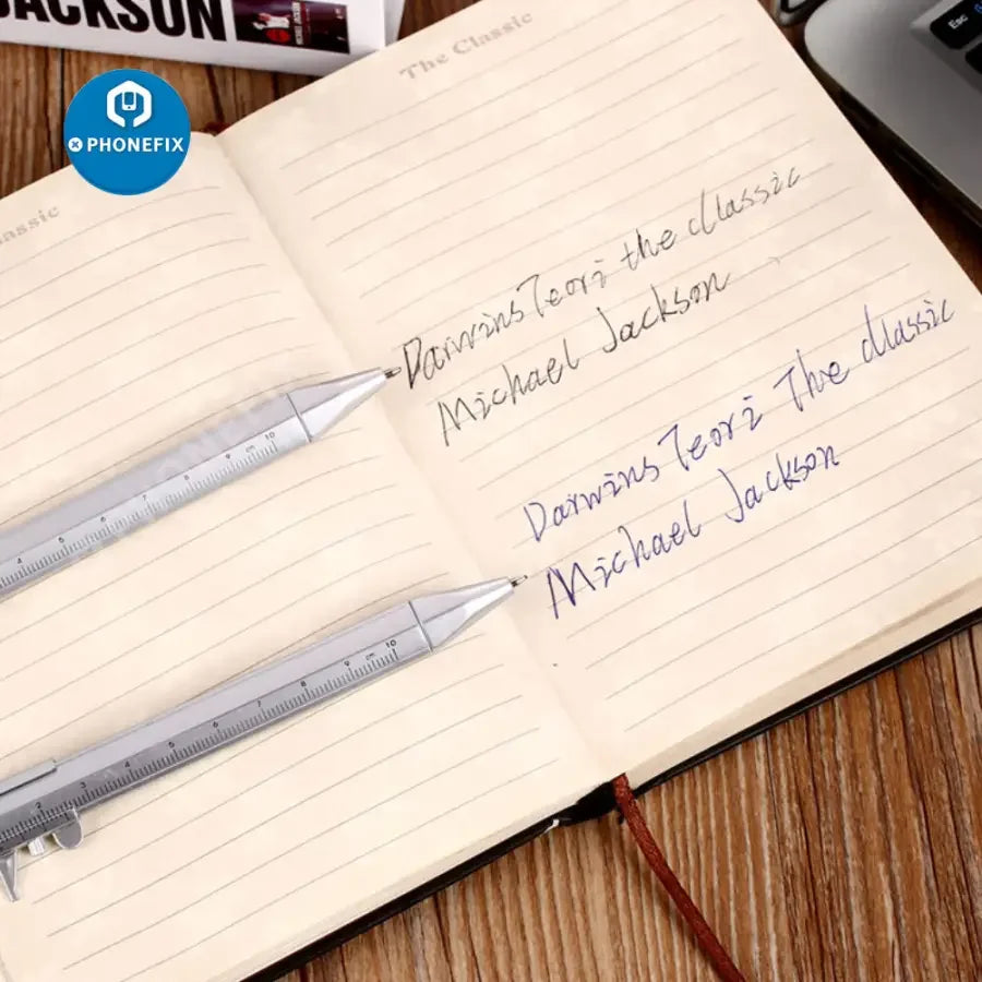 PHONEFIX universal vernier caliper-shaped ballpoint pen with gel ink and roller ball tip, designed as a stylish stationery accessory.