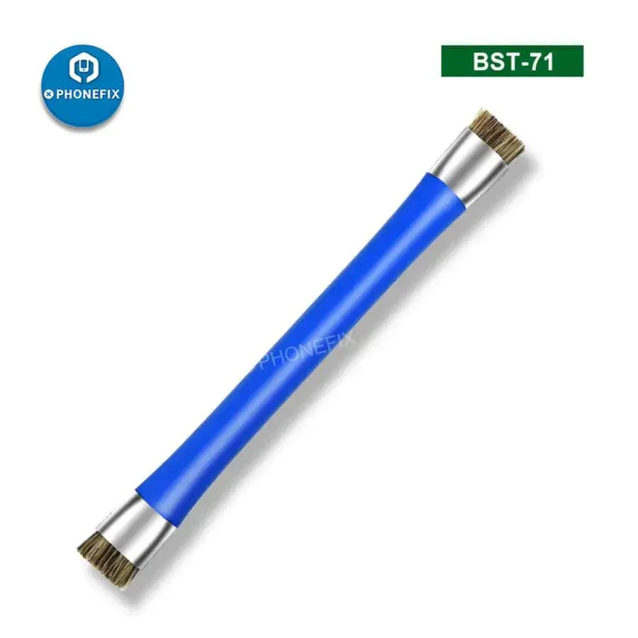 PhoneFix BST-71 anti-static double-head hard brush for PCB BGA repair, universal hand tool with blue plastic handle and dual cleaning heads.
