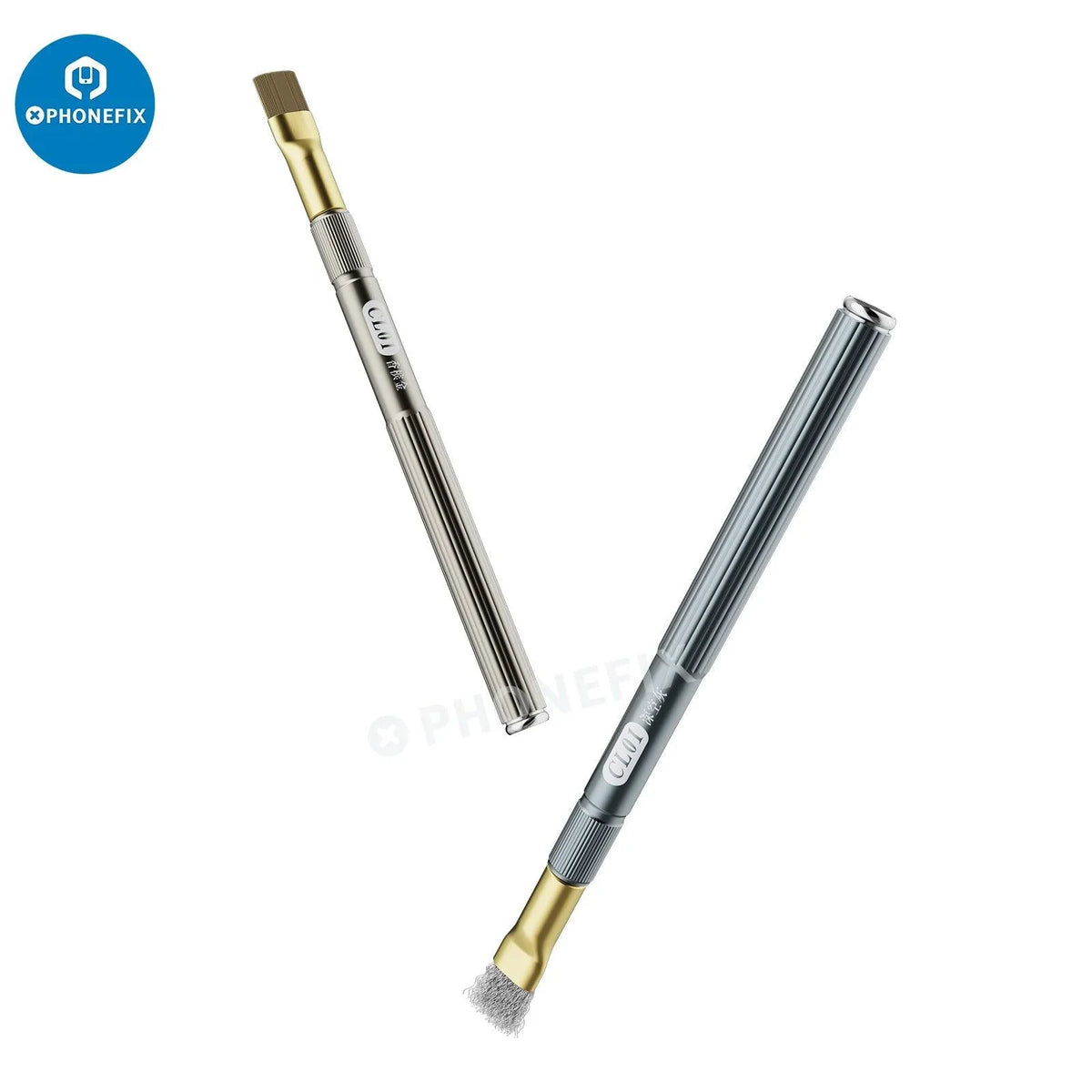PhoneFix anti-static steel brush for cleaning phone motherboard and glue residue; universal hand tool for electronic repairs.