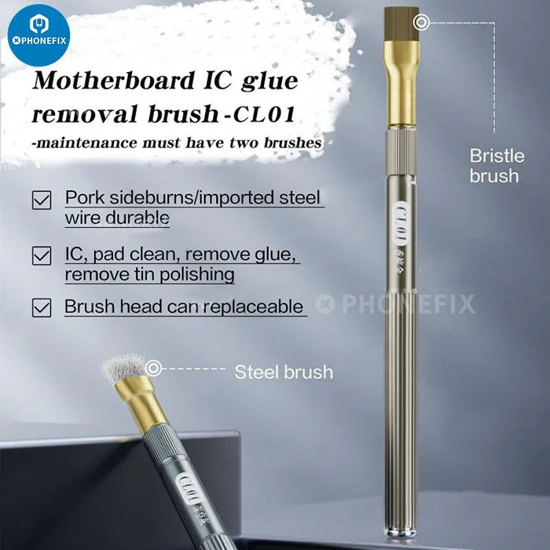 PhoneFix anti-static steel brush for cleaning phone motherboard glue residue, a universal hand tool for electronics maintenance.