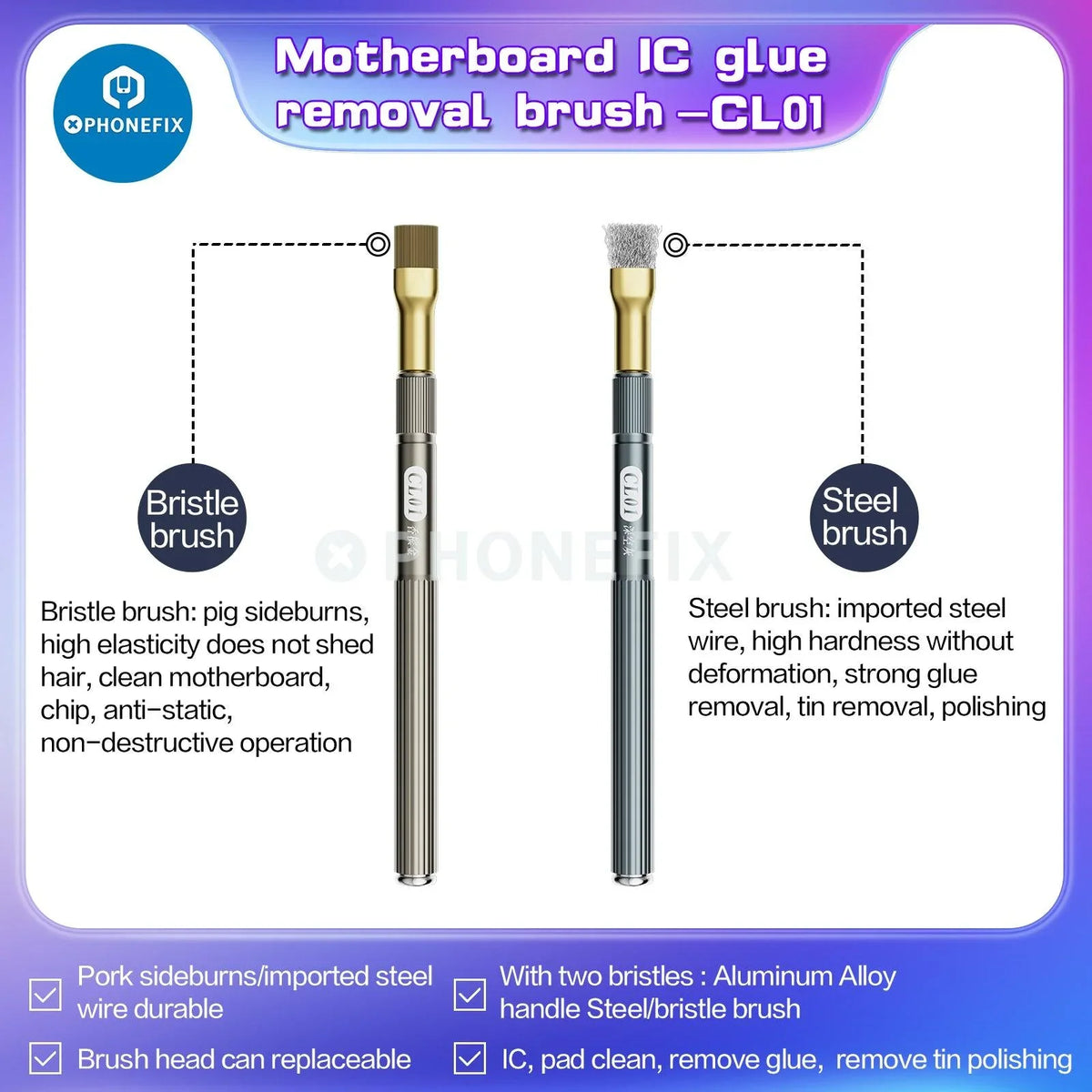 PhoneFix anti-static steel brush for cleaning phone motherboards and removing glue residue, a versatile hand tool for electronics repair.