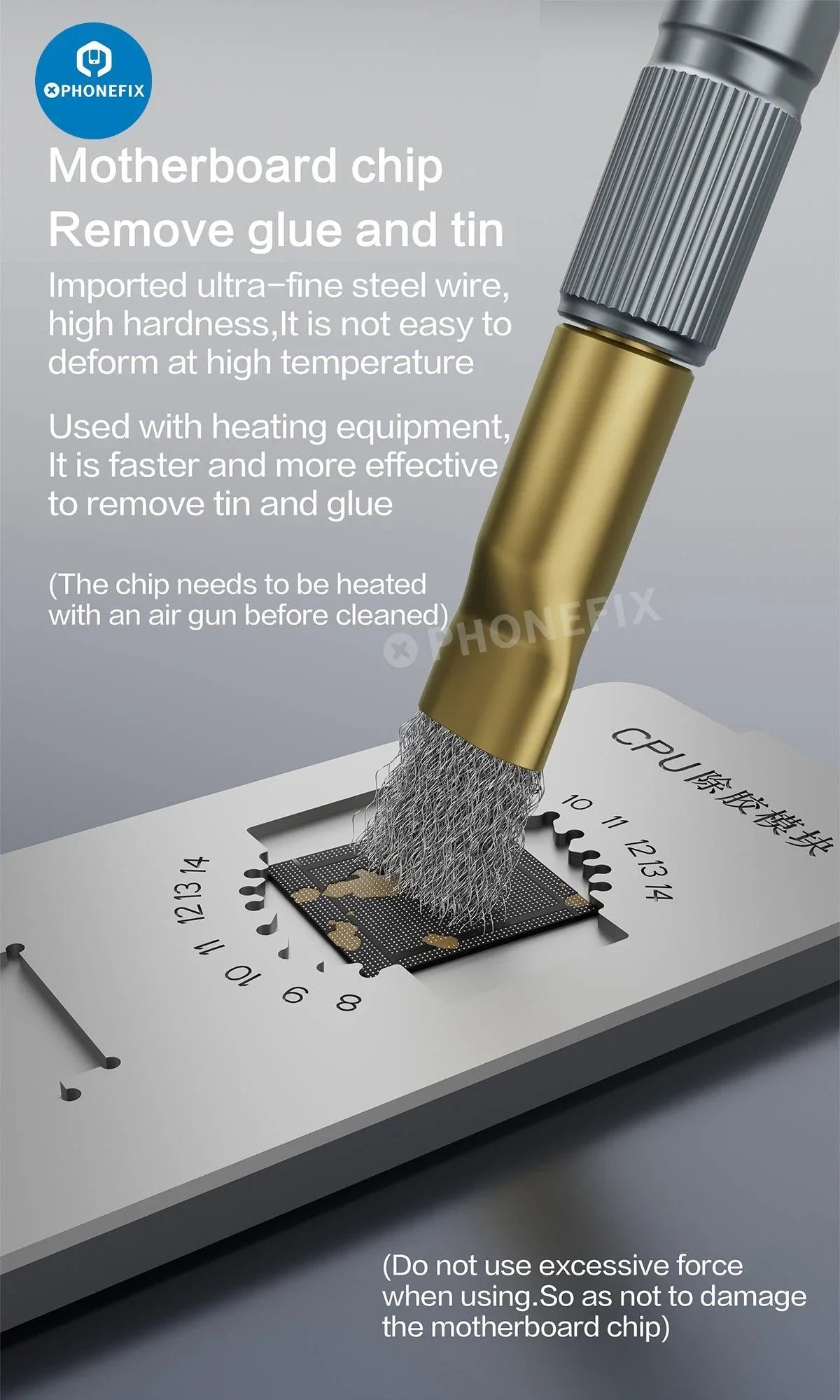 Cepillo de acero antiestático PhoneFix para la limpieza de placas base de teléfonos, ideal para eliminar residuos de pegamento y reparar placas de circuito impreso.