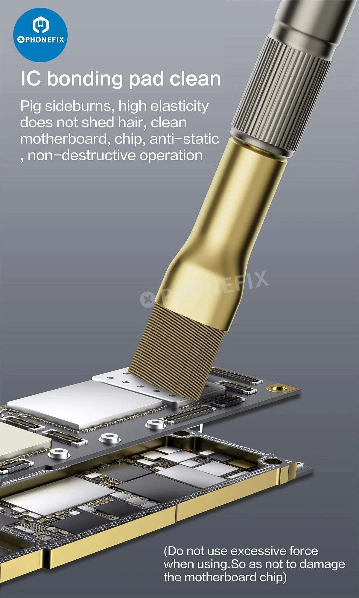 PHONEFIX anti-static steel brush for cleaning phone motherboards and removing glue residue, a versatile hand tool for electronic repairs.
