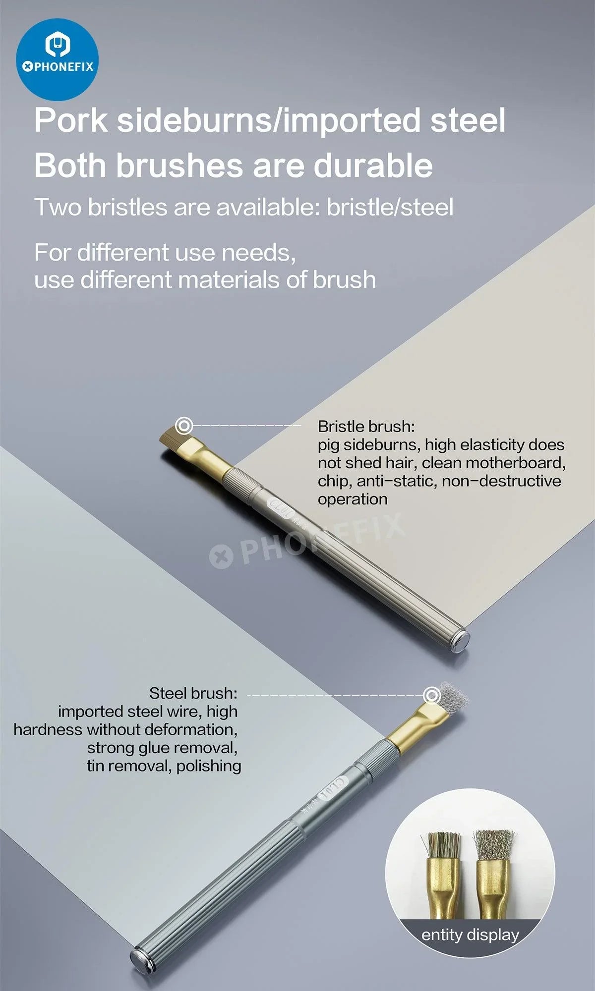 PhoneFix anti-static steel brush for phone motherboard cleaning, ideal for removing glue residue with precise hand tool.