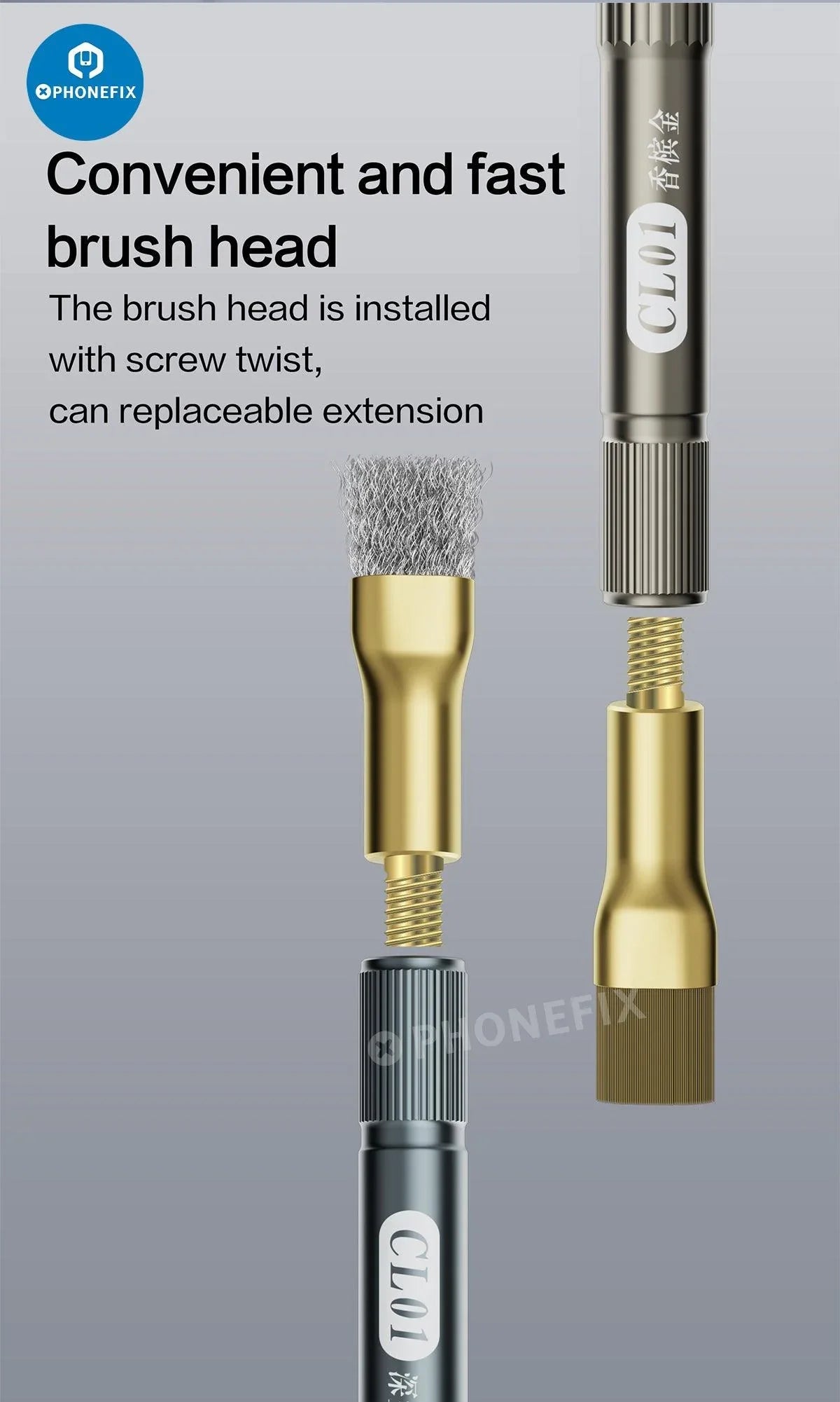 PhoneFix anti-static steel brush for cleaning phone motherboards and removing glue residue, a universal hand tool for electronics.