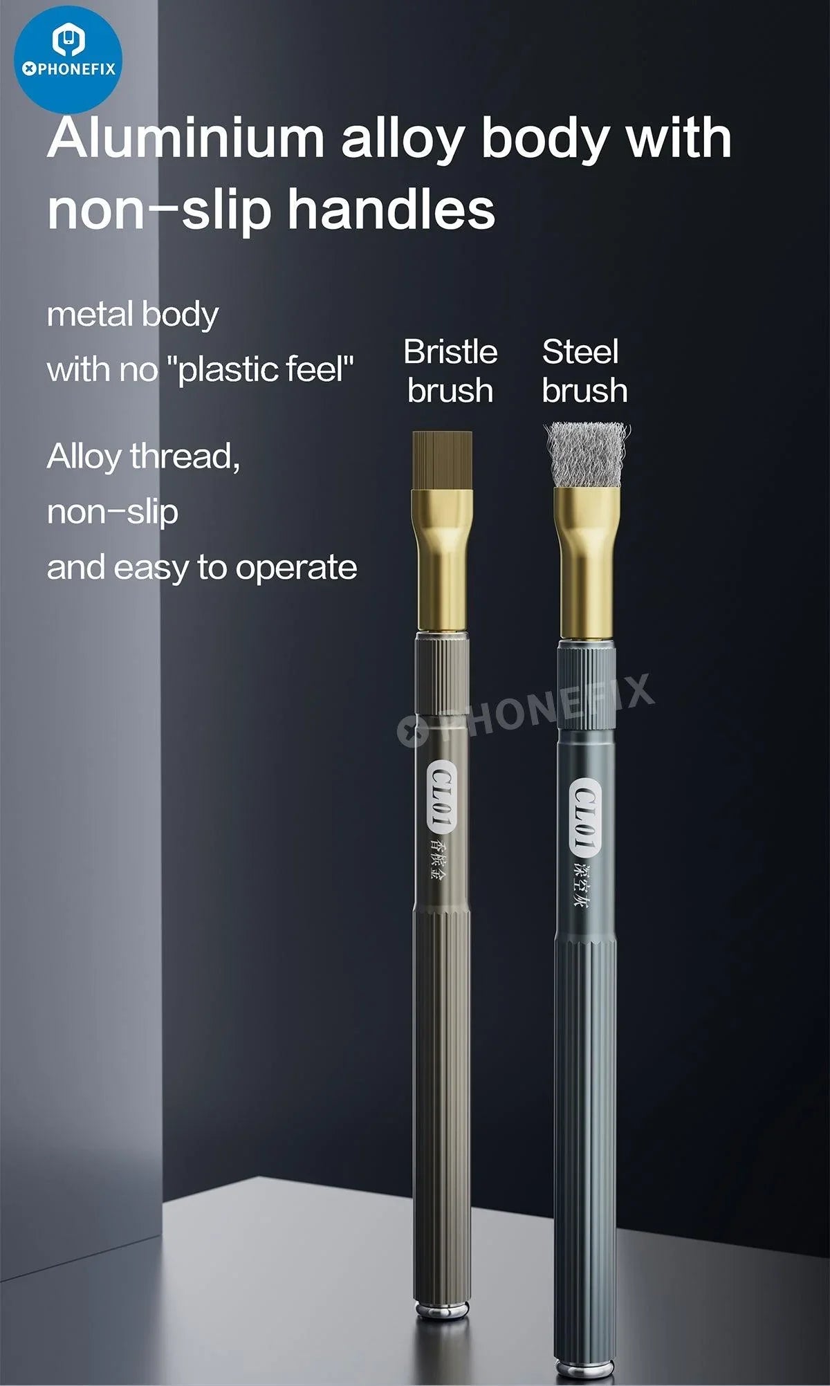 PhoneFix anti-static steel brush for phone motherboard cleaning, ideal for removing glue residue with a durable hand tool.
