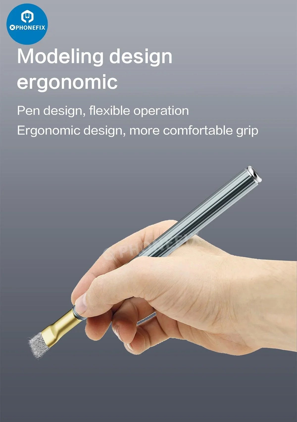 PhoneFIX anti-static steel brush for cleaning phone motherboard glue residue, a universal hand tool with bristles for electronic repairs.