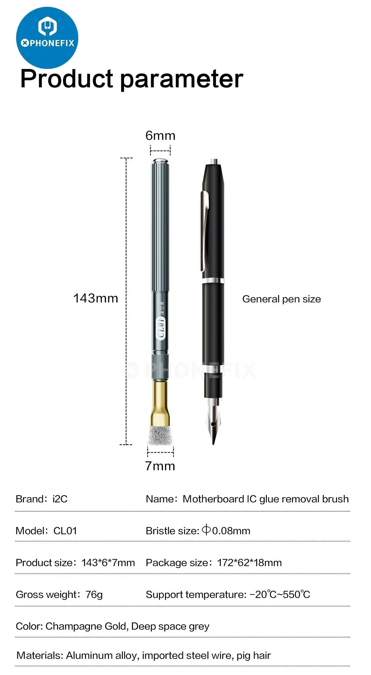 PHONEFIX anti-static steel brush for phone motherboards, ideal for cleaning glue residue and delicate electronic components.