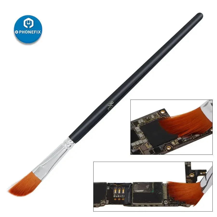 PhoneFix 45-degree bevel mobile PCB cleaning brush with wooden handle, designed for precise electronic component cleaning.