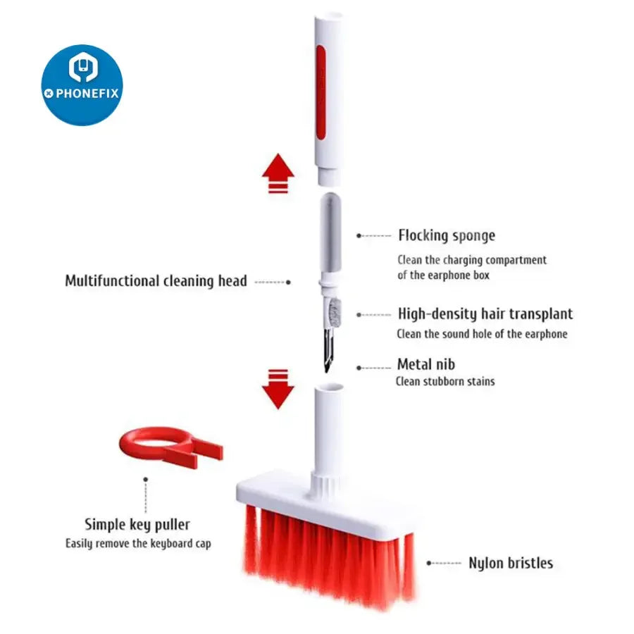 PhoneFix cleaning brush and pen kit for keyboards and AirPods Pro, versatile hand tools for device maintenance and dust removal.