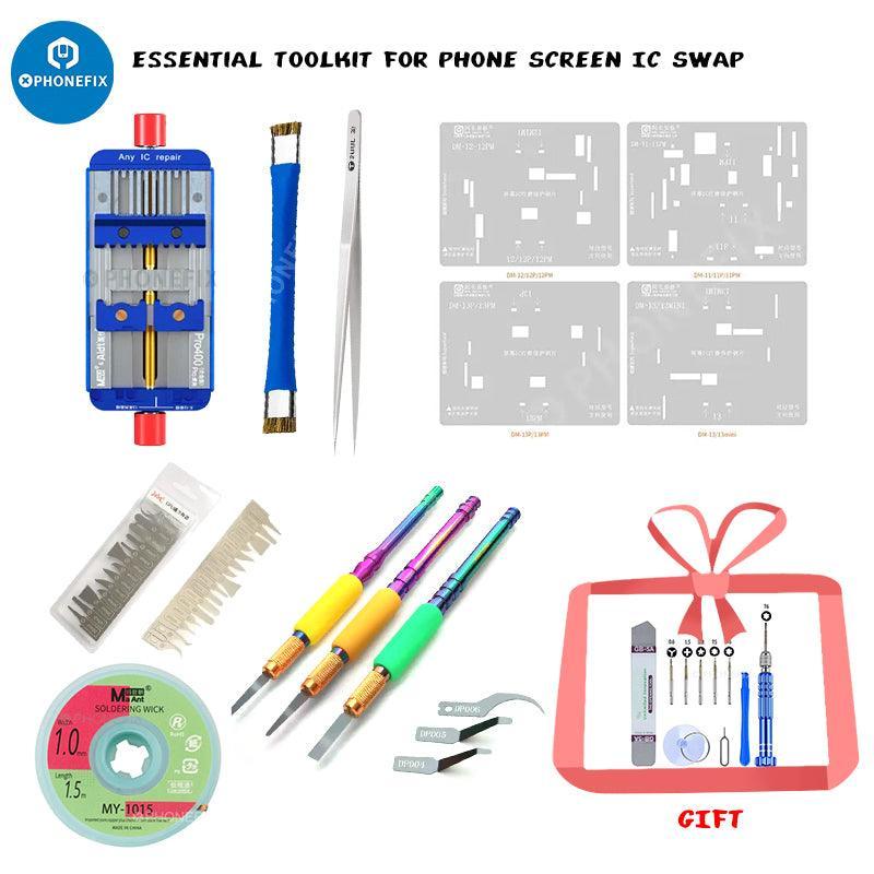 Universal hand tools from PHONEFIX essential DIY toolkit for iPhone screen IC swap repair, including screwdrivers and opening tools.