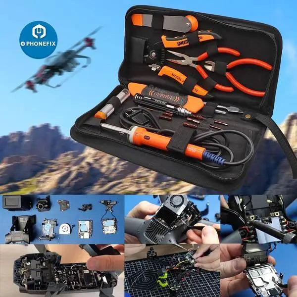 PHONEFIX JM-P14 15-in-1 welding and repair tools set with toolbox bag, including RC drone tools and universal hand tools.