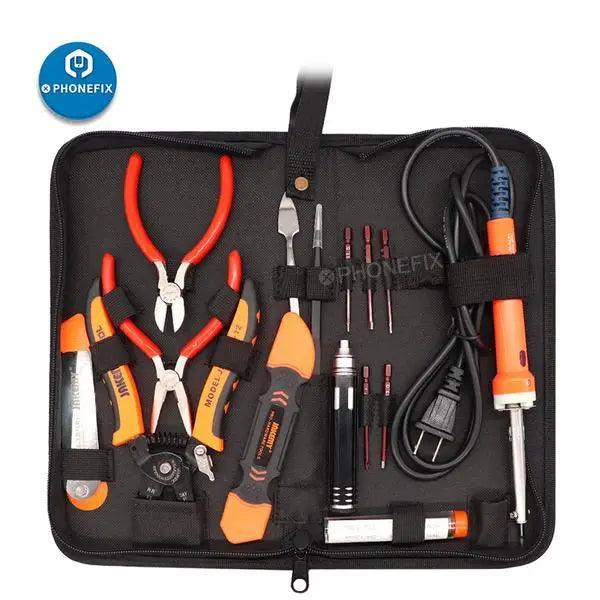 PHONEFIX JM-P14 15-in-1 welding and repair tools set in a toolbox bag, ideal for RC drones and universal hand tool use.