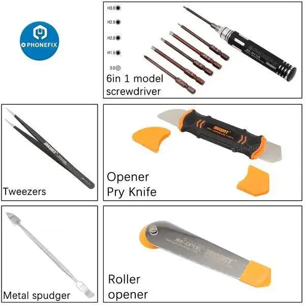 PHONEFIX JM-P14 15-in-1 welding and repair tools set in toolbox bag, ideal for RC drone repairs and universal hand tool use.
