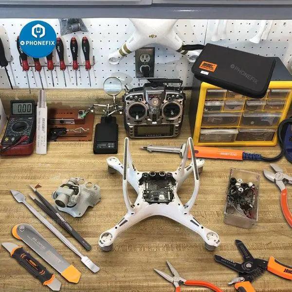 PHONEFIX JM-P14 15-in-1 welding and repair tools set in a toolbox bag, includes universal hand tools for RC drone and electronics repair