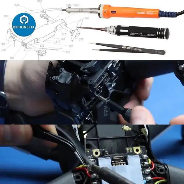 PHONEFIX JM-P14 15-in-1 welding and repair tools set in toolbox bag, suitable for RC drones and universal hand tool applications.