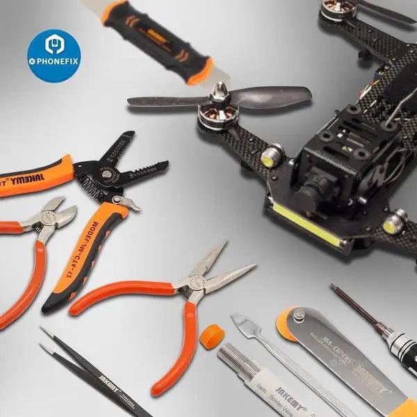 PhoneFix JM-P14 15-in-1 welding repair tools set in a toolbox bag, including tools for RC drone repairs and universal hand tool tasks.