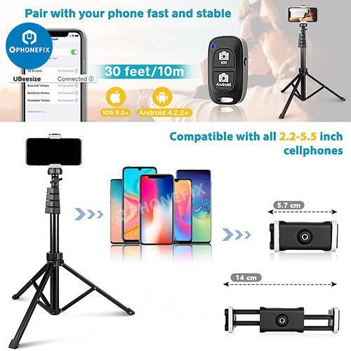 Trípode universal PhoneFIX para cámaras con control remoto inalámbrico y soporte para cabezal para smartphones, ideal para fotos y vídeos con manos libres.