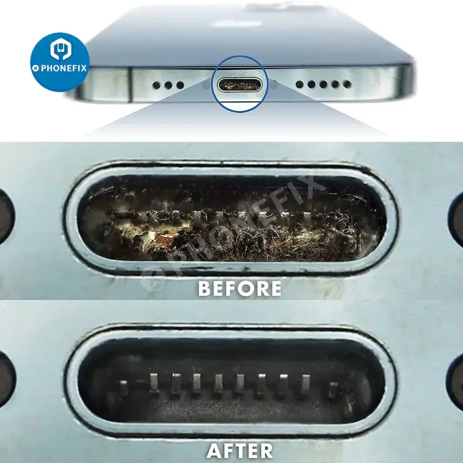 PHONEFIX professional clean tool kit for phone and tablet port and connector repair, includes universal hand tools for precise cleaning.