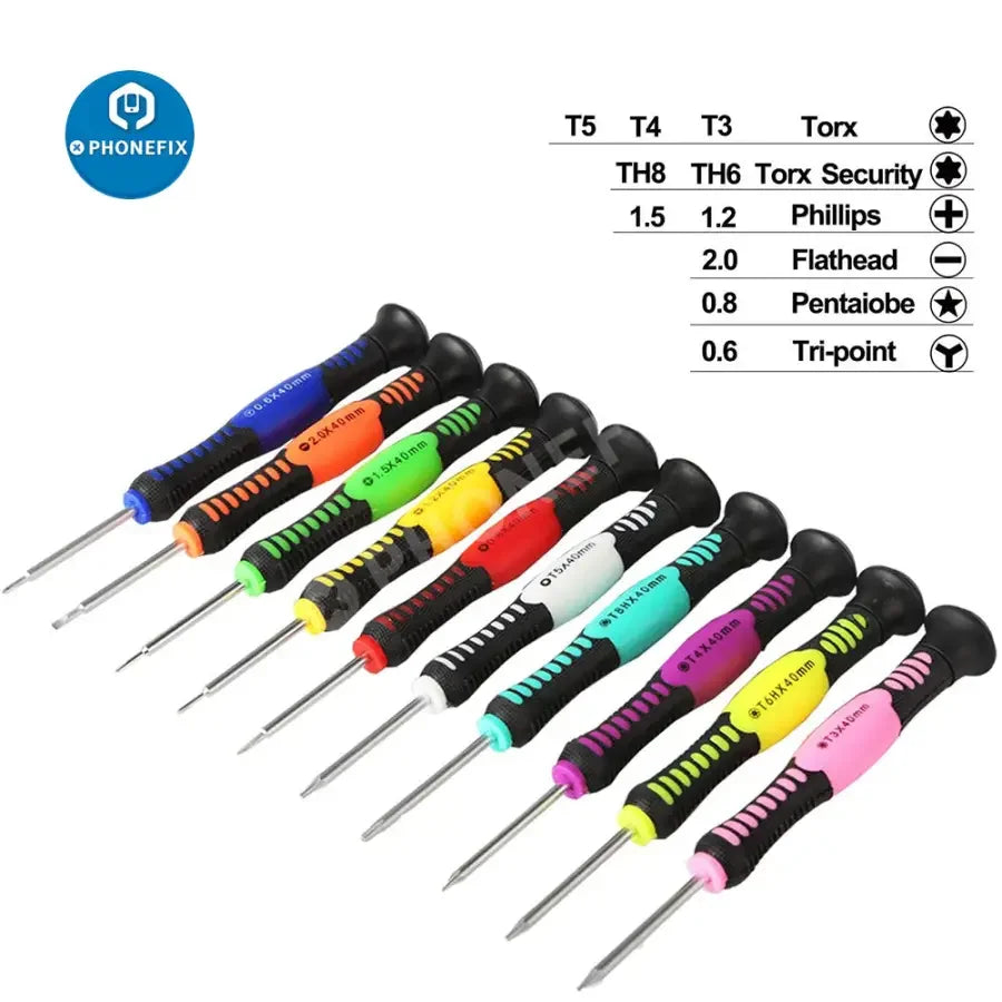 Set of PHONEFIX professional screwdrivers and pry tools for phone and tablet repair, featuring various hand tools for electronics.