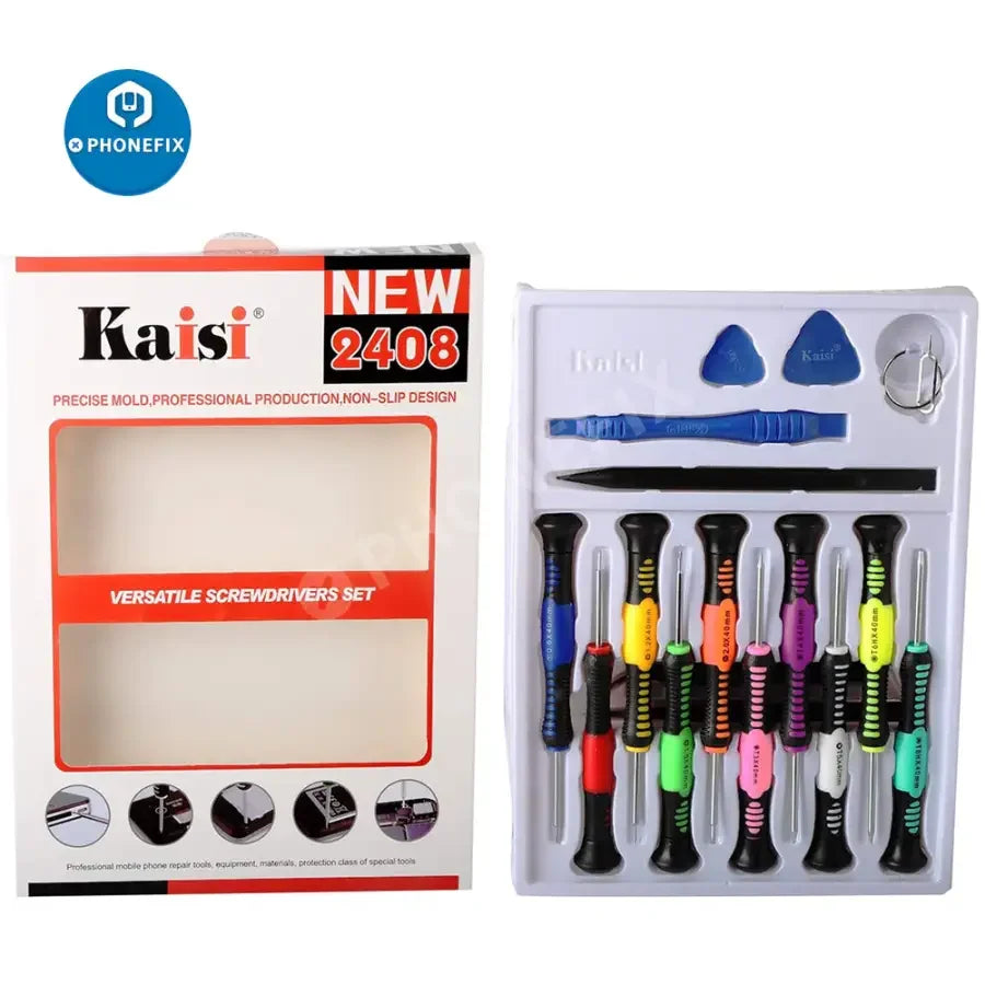 PhoneFix professional screwdriver kit with opening pry tools for phone and tablet repair, featuring various hand tools for electronic repairs.
