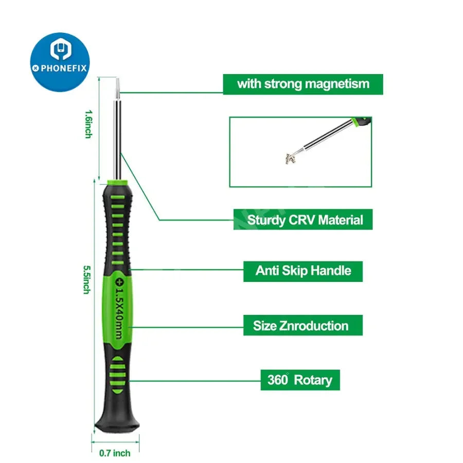 PhoneFix professional screwdriver kit with opening pry tools for phone and tablet repair, featuring multiple screwdrivers and pry tools.