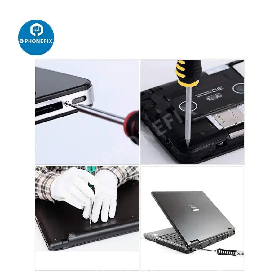 Professional PHONEFIX universal screwdriver kit with pry tools for phone and tablet repair, featuring various screwdrivers and opening tools.